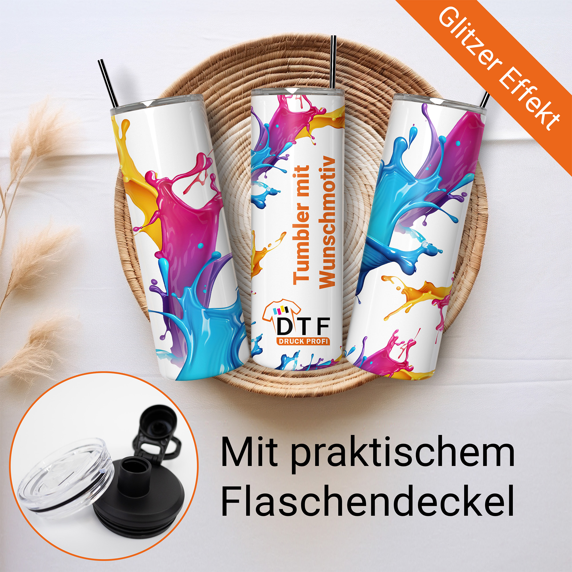 Tumbler mit Glitzereffekt und Wunschmotiv (20oz)