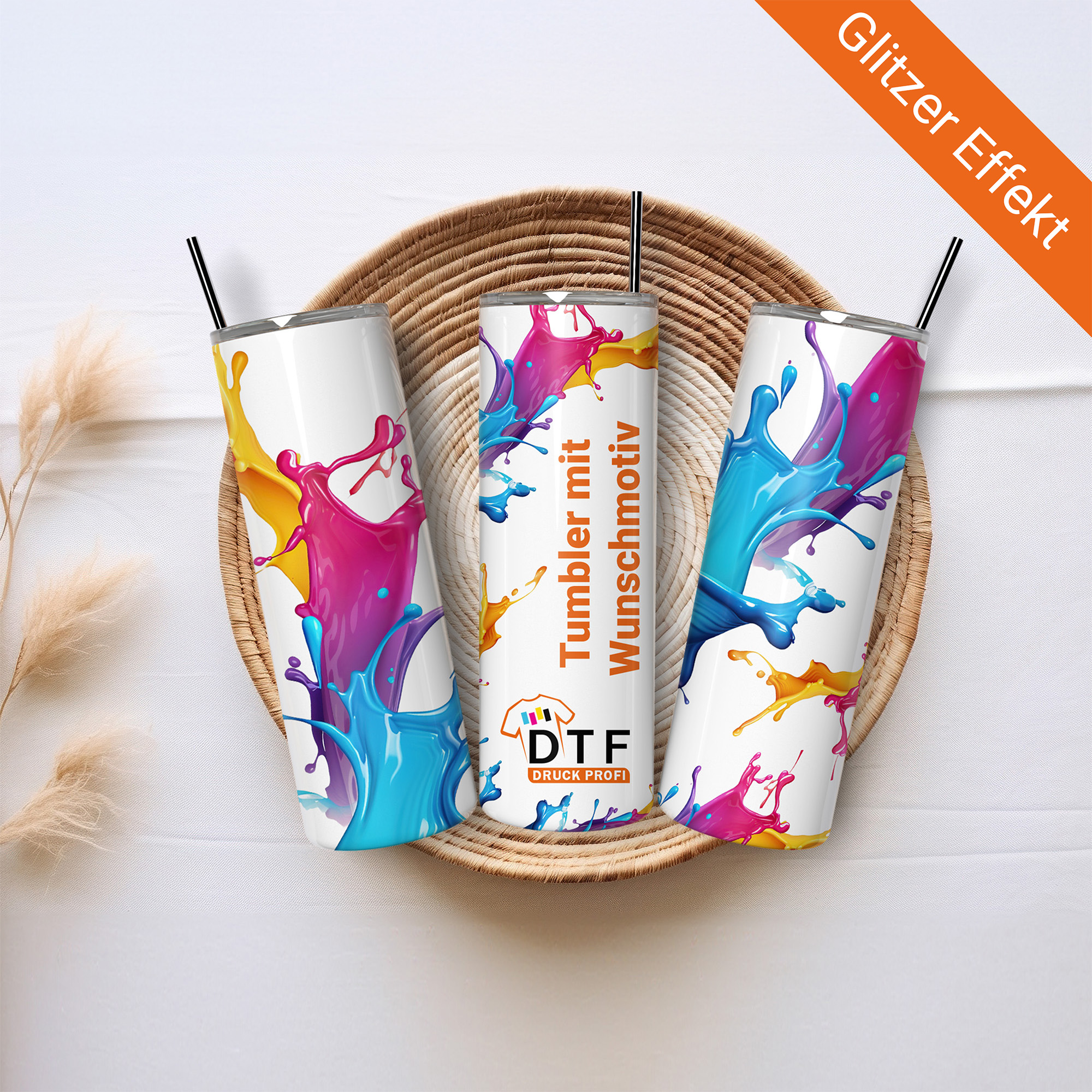Tumbler mit Glitzereffekt und Wunschmotiv (20oz)
